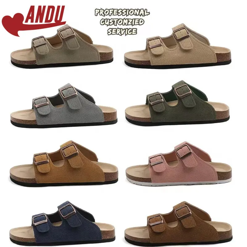 ANDU Customized Men's leather Outdoor/Beach Sandals Summer Cork Insoles Slide Beach Sandal Adjustable Buckle Double Strap Flat