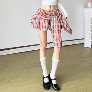 Jupe à carreaux rouges style urbain doux et épicé, jupe tulipe rétro avec détail de nœud, jupe décontractée tendance pour femme - Product Image 6