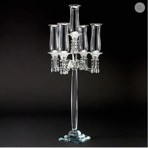 Wholesale tall candle holder wedding centerpiece glass tubes 5 arms crystal candelabra with lamp-chimney for weddings events