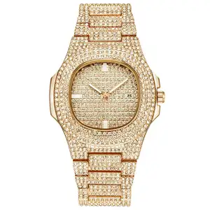 Jam tangan pria Quartz Bling mewah merek terkenal Relojes Hip Hop emas penuh berlian jam tangan