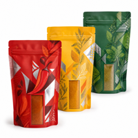 Sachet Doypack imprimé de qualité alimentaire MOPP/VMPET/PE avec fenêtre transparente et fermeture éclair refermable pour épices, poudres et herbes sèches