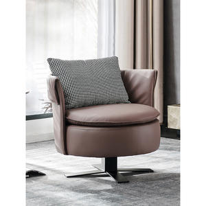Italian-Style Swivel Lounge Chair Brown Leather Round Single <b>Sofa</b> Chair Living Room Bedroom Furniture - Product Image 1