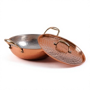 Kadahi en cuivre martelé avec revêtement et couvercle en acier inoxydable pour cuisson sur cuisinière, design vintage, ensemble de batterie de cuisine durable - Product Image 1