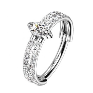 Anillos Clicker para Septum de Titanio Grado Implante ASTM F136 con Acabado Pulido Espejo y <span class=keywords><strong>Doble</strong></span> Bisagra, con Circonita Marquise y Pavé, para Piercing de Nariz, Oreja y Hélix - Product Image 1