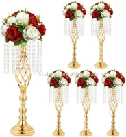 Centres de table de mariage modernes de haute qualité en or avec fleurs, vase en métal et cristaux pour décorations de table