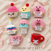 Ensemble de cupcakes et donuts au crochet faits main, jouets dessert positifs, cadeau de soutien émotionnel tricoté pour amis, décoration de gâteau d'anniversaire et de tasse à thé