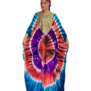 Women's Tie-Dye Maxi Kaftan Dress Long Casual Beach Wear Lace Decoration Embroidered <b>Chiffon</b> Fabric Breathable - Product Image 1