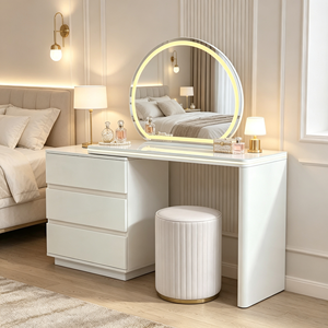 Nuevo tocador de lujo francés con superficie de mármol blanco, espejo con luz LED, varios cajones acanalados, extensible, para dormitorio. - Product Image 1