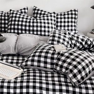 ชุดเครื่องนอนไมโครไฟเบอร์แบบญี่ปุ่น 4 ชิ้น ลายสก็อตและลายทางสไตล์มินิมอล ชุดผ้าปูที่นอนนุ่ม ระบายอากาศได้ดี 3 ชิ้น สำหรับใช้ในบ้าน - Product Image 5