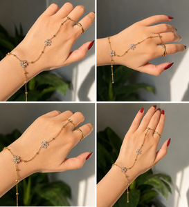 Elegante Pulsera de Anillo Floral Chapada en Oro para Mujer, Cadena de Mano Ajustable, Pulsera de Dedo con Flor de Cristal - Product Image 2
