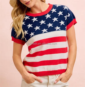 <span class=keywords><strong>Pull</strong></span> tricoté à rayures et étoiles drapeau américain pour femme, grande taille, manches courtes, col rond, <span class=keywords><strong>pull</strong></span> patriotique, haut décontracté d'été - Product Image 2