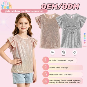 OEM ODM Blouse scintillante pour filles, violet lavande, à sequins, à manches courtes volantées, col rond, avec découpe dorsale, pour fête d'enfants - Product Image 1