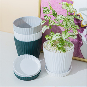 Simple <b>Plastic</b> Flower Pots With Trays Ripple Design For Home Indoor <b>Plants</b> Ivory White Jungle Green - Product Image 1
