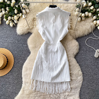 Robe Blazer Sans Manches Femme Printemps-Été Double Boutonnage Franges à Pompons Taille Cintrée Mini pour Soirée