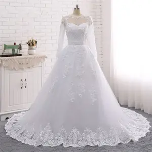 Vestido de noiva gótico exclusivo plus size para princesa, vestido de noiva com gola redonda e mangas compridas, renda com miçangas, ideal para casamento, 2024