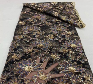 レッドチュールゴールデンスパンコール刺繍レディースアフリカレース生地パーティードレス - Product Image 6