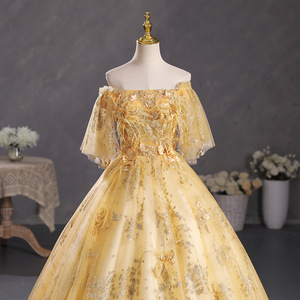 Gold Off-Shoulder Ball Gown Empire Waist Floral Print Embroidered Organza For Students Art Exams Performances Hosting Events - Product Image 3