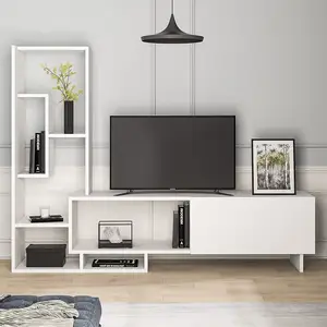 לבן סלון חדר שינה מודרני עץ טלוויזיה Stand עם אחסון מדפים, מדיה קונסולת טלוויזיה יחידה עבור טלוויזיות עד 55 אינץ