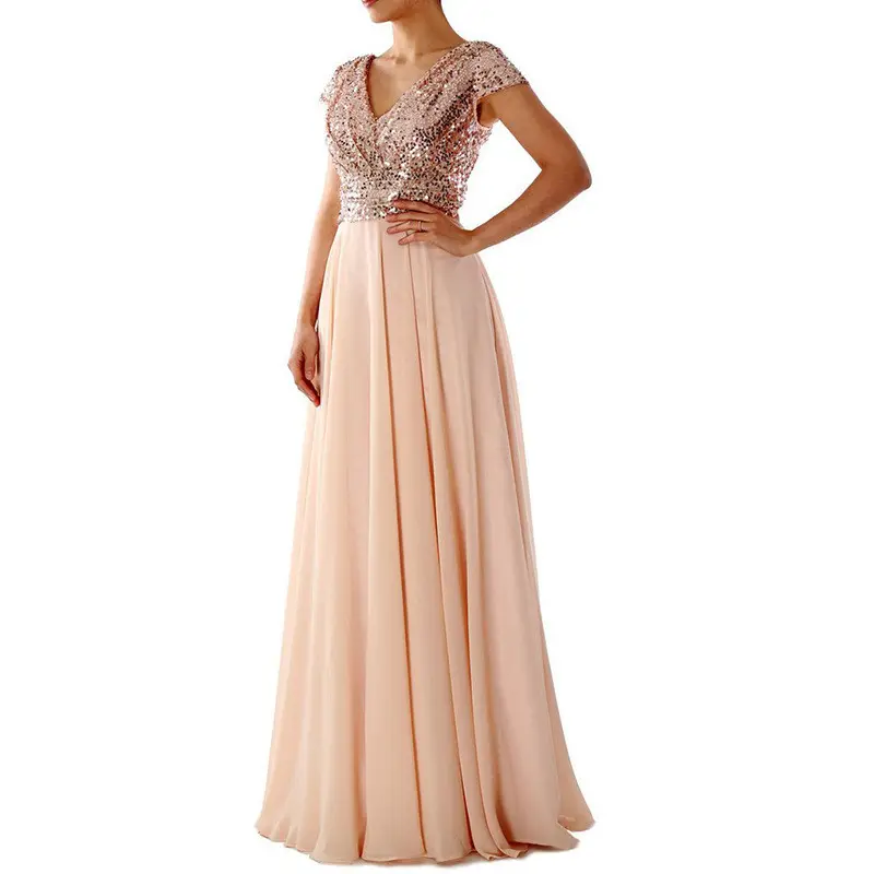 Women Party Evening Golden Sequin Deep V Neck shinny short sleeve long prom chiffon Dresses