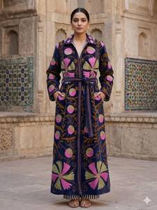 Robe longue en velours bohème brodée avec imprimé floral, col rabattu, coupe ample, manches longues, tenue décontractée d'hiver - Product Image 1