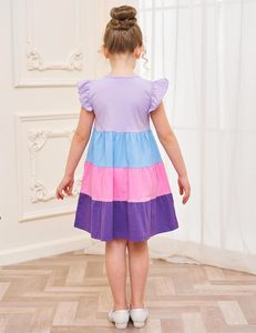 Abiti da ragazza Bumeex in cotone con maniche a volant, gonna a balze, linea ad A, grazioso vestito estivo midi casual con stampa a blocchi di colore - Product Image 5