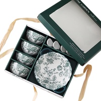 Service de table en céramique imprimé floral vert vintage, comprenant un bol, une assiette et une cuillère, idéal pour un cadeau de mariage, de pendaison de crémaillère ou pour la salle à manger.