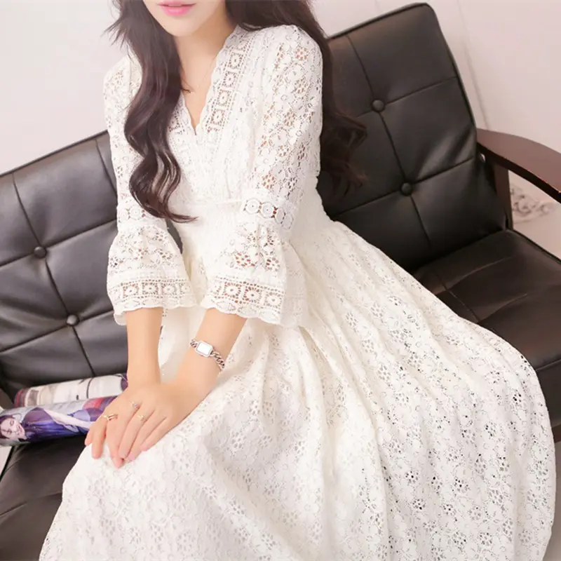 2020 Summer Autumn Women Elegant White Lace Long Dress High Waist Bohemia Beach Maxi Dresses Female Vintage Party Dress Vestido