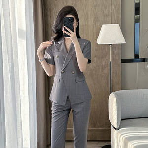 Women's Short Sleeve Suit Set Summer Thin Office Lady Professional Work Uniform Breathable Polyester Fabric - Product Image 1