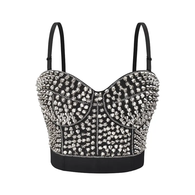 Aoyema mujeres hecho a mano Sexy remache brillante Club Dance Performance Bustier Cordet Bra Crop Top