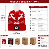 Bonnet de Noël LED en tricot avec pompon, motif renne, rouge et blanc, chaud pour l'hiver, rechargeable par USB, trois modes de luminosité, pour la marche en extérieur