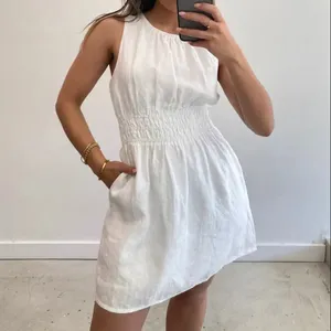 Mini A-Line Smocking Dress Round Neck Sleeveless Custom Women White Cotton Summer Casual Dresses Natural Linen Oem Service