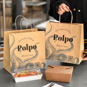 Sacs shopping en papier kraft personnalisés avec logo pour restaurants, vente en gros, poignées imprimées acceptées pour l'emballage alimentaire et la promotion - Product Image 1