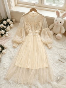 Robe midi en tulle blanc pour femmes grandes tailles, col montant, manches longues bouffantes, appliques florales 3D en dentelle, taille smockée, coupe trapèze - Product Image 1
