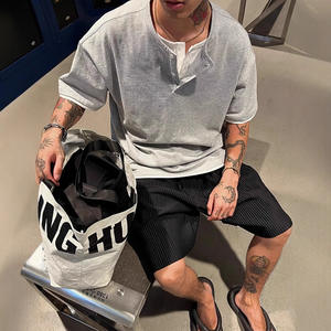 Cross-Border Fake Two-Piece Henry <b>Collar</b> <b>T</b>-<b>Shirt</b> Men's Summer Heavyweight Short Loose Fit Solid Eco-Friendly American Retro - Product Image 1