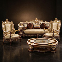 Ensemble de canapés courbes, meubles en bois sculpté de style européen classique avec canapé rembourré, fauteuil et table pour maison de luxe, villa, appartement