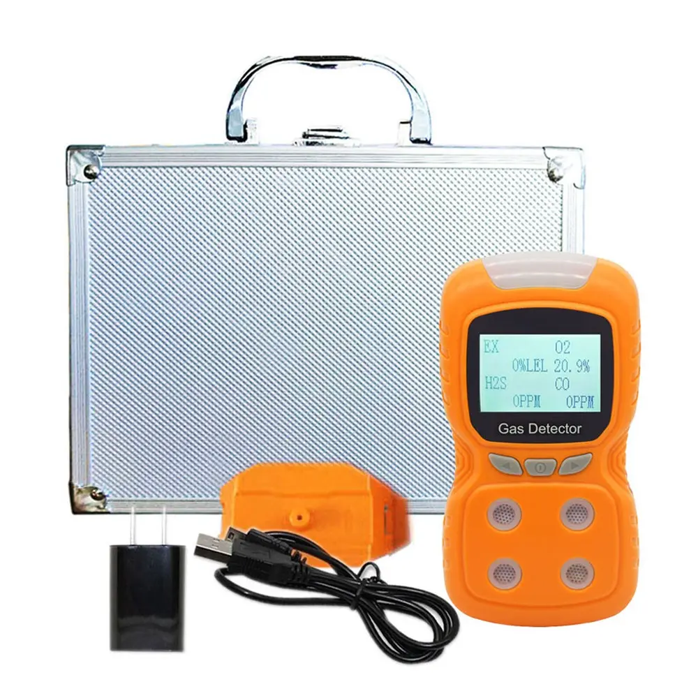 Detector de 4 Gases portátil, H2S,O2,CO y EX Pantalla LCD recargable Alarma de rastreo de gas Clip de gas Alarma de choque de luz de sonido