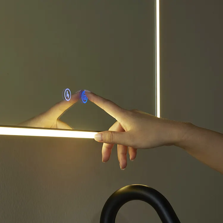 Espejo de baño de pared decorativo Espejo de tocador de baño con marco de metal cuadrado inteligente con luces LED