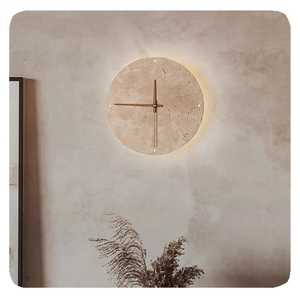 Orologio creativo in pietra da salotto Wabi Sabi lampada da parete nordica semplice giallo travertino ristorante corridoio circolare luce - Product Image 2
