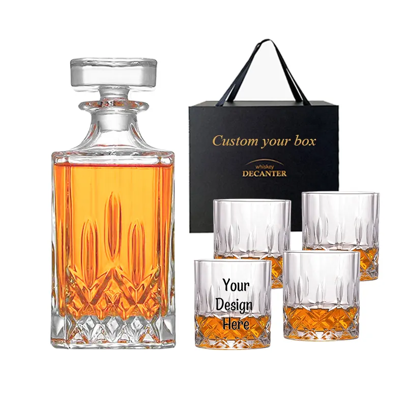 Conjunto de garrafas de decantador de uísque quadrado de 750 ml e 26 onças, 2/4/6 copos, cristal, licor, vinho, rolha, vidro Morden de luxo, de alta qualidade, para festas