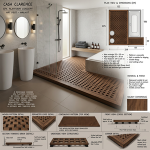 Grille de sol de douche en bois de teck antidérapante, revêtement de sol technique pour extérieur, salle de bain, design Art Déco, résistante à l'eau, système de pose à clipser - Product Image 2