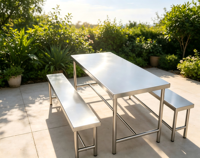 Ensemble de table à manger en acier inoxydable avec 2 bancs, meubles de salle à manger résistants à la rouille pour la maison, la cafétéria et le bureau