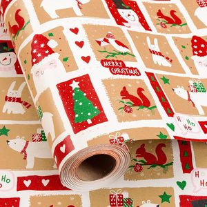 Kraft Christmas Wrapping <b>Paper</b> Roll 17 In X 33 Ft Santa Snowman Pattern Recyclable <b>Paper</b> Packaging - Product Image 1