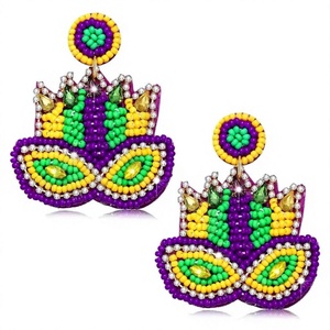 Pendientes Artesanales con Cuentas para Mardi Gras, Decorados con Cristales Morados, Verdes y Amarillos, Joyería de Fiesta para Mujer - Product Image 1