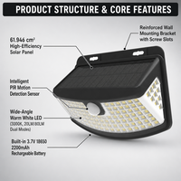 Lampes solaires à détecteur de mouvement étanches pour extérieur, lumière blanche chaude 3000K, grand angle, lumière de sécurité solaire murale PIR pour patio, cour