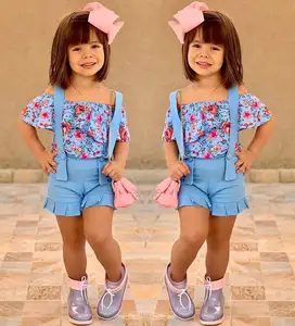 Ropa Infantil para niña pequeña, Tops florales con hombros descubiertos y pantalones cortos con tirantes azules, conjuntos de ropa Infantil