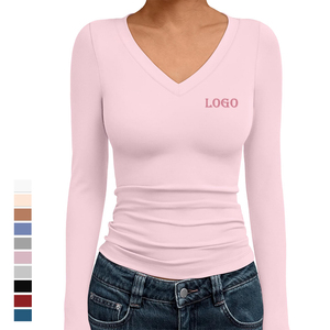 T-shirt à manches longues pour <span class=keywords><strong>femme</strong></span>, coupe ajustée, respirant, de haute qualité, imprimé, en coton/spandex, écologique, <span class=keywords><strong>col</strong></span> en <span class=keywords><strong>V</strong></span>, idéal pour l'été - Product Image 1