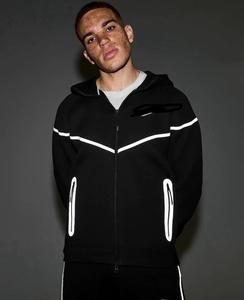 Tuta sportiva da uomo traspirante a righe in pile Tech giacca con cerniera svasata pantaloni 100% cotone per ginnastica Casual autunno - Product Image 1