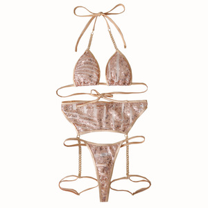 Ensemble de lingerie sexy Yicheng à sequins pour femme, avec chaînes, parure de bikini fantaisie dorée et brillante - Product Image 5
