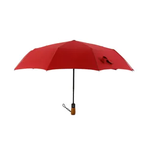 Lieferant Großhandel benutzer definierte Logo Geschäft 3 Klapp schirm Reise wind dicht rot voll automatisch Regenschirm mit Holzgriff