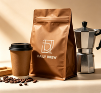Sachet de café à fond plat avec logo personnalisé, valve et fermeture éclair, idéal pour l'emballage de grains de café torréfiés, café moulu, qualité alimentaire VMPET